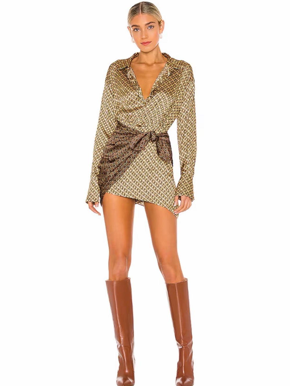 L’Academie “Kamille” Tan & Brown Chain Print Mini Dress Sz S Excellent Condition